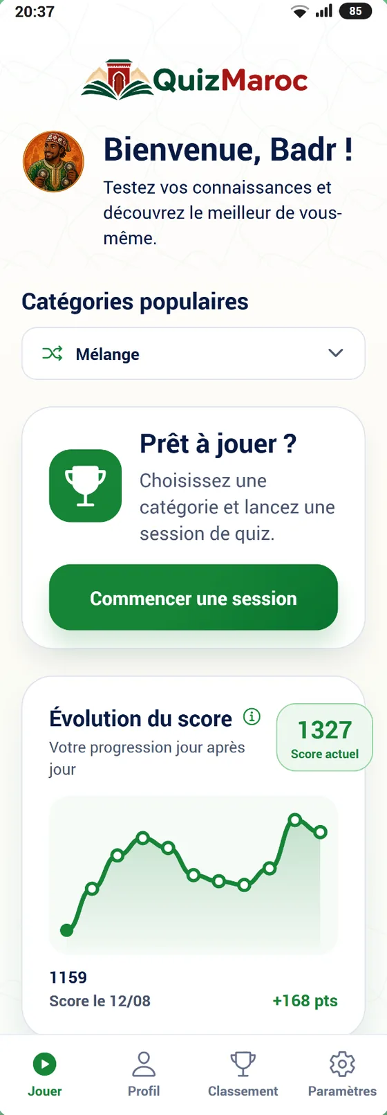 Écran d'accueil de l'application QuizMaroc