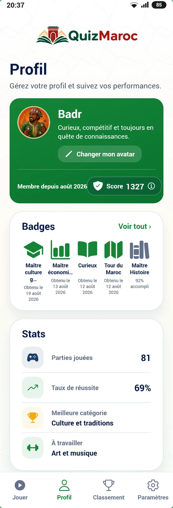 Profil et statistiques du joueur QuizMaroc
