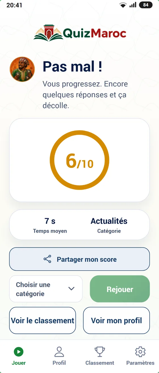 Écran de résultat d'une session QuizMaroc